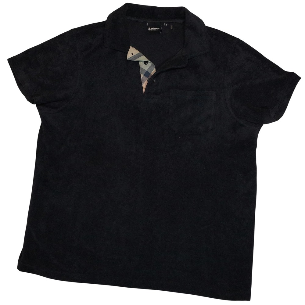 Barbour Terry Polo Shirt Men's S Resortwear Front Pocket Slim Plaid Placket Navy